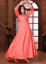 Silk Peach Pink Party Wear Embroidery Work Readymade Gown